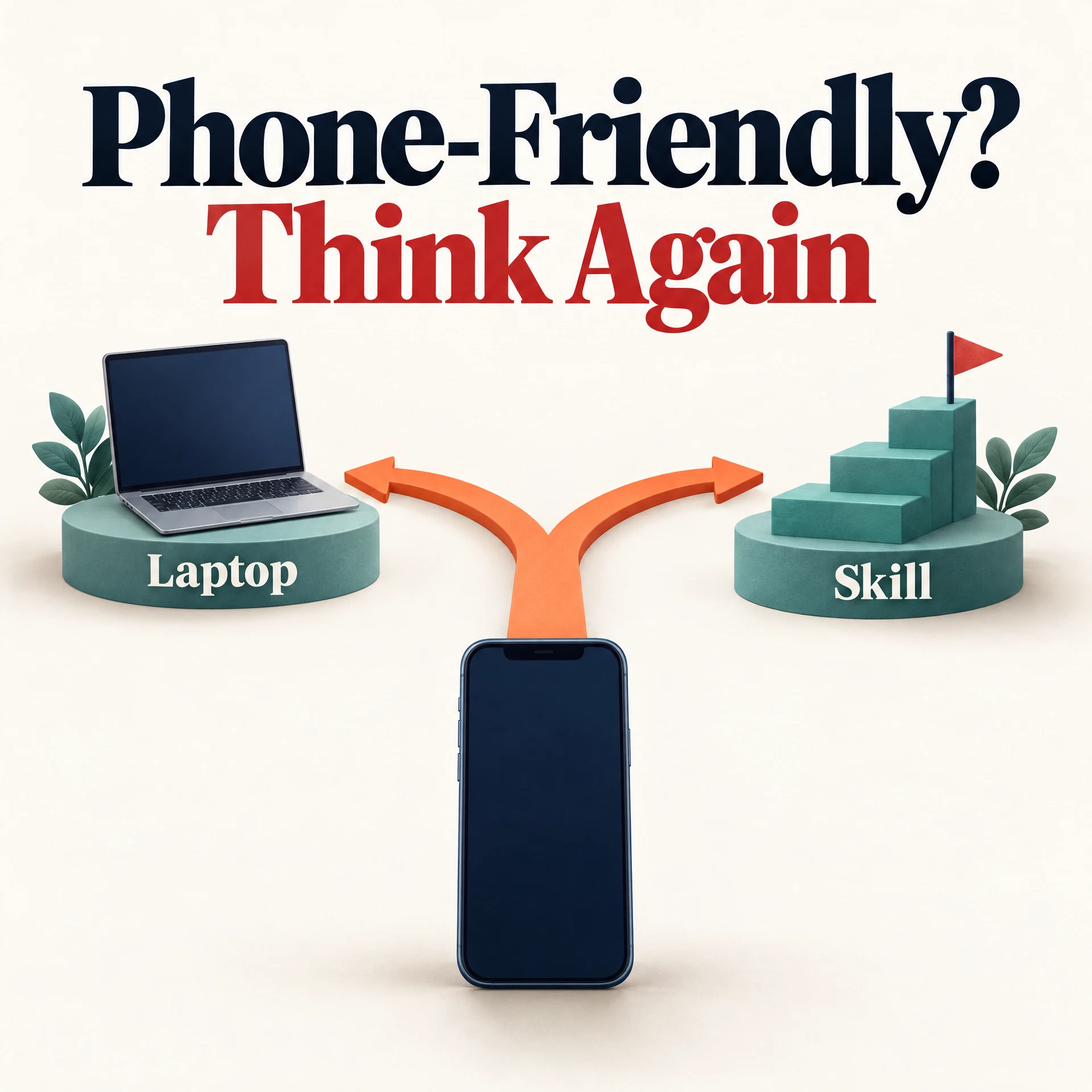 A phone-sized path branches toward laptop and skill requirements that need checking.