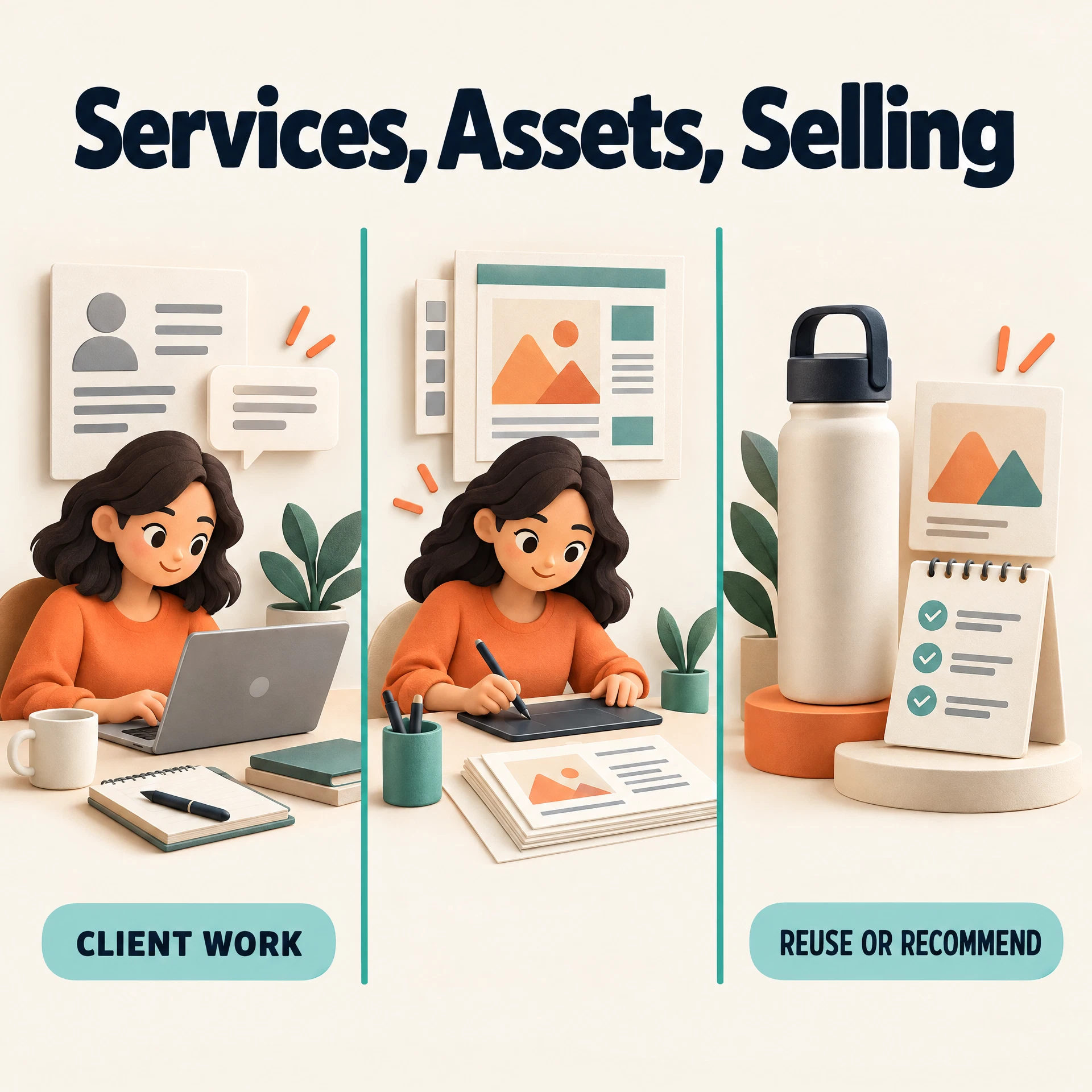 Three distinct online-work models: client service, original digital asset, and recommending or selling.