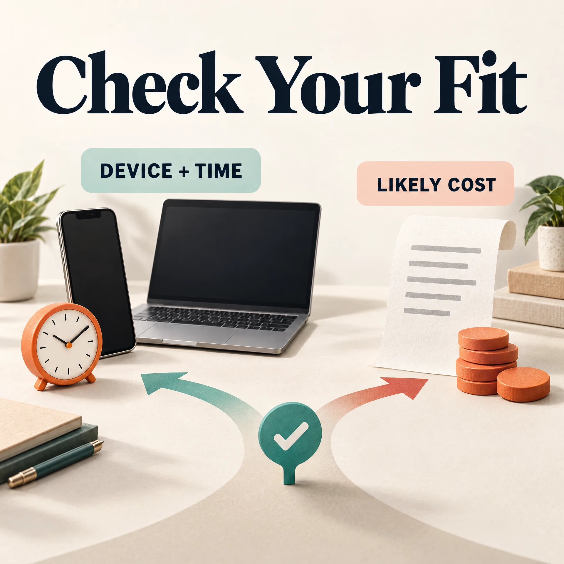 Phone, laptop, clock and cost-fit marker invite a realistic device, time and expense check.