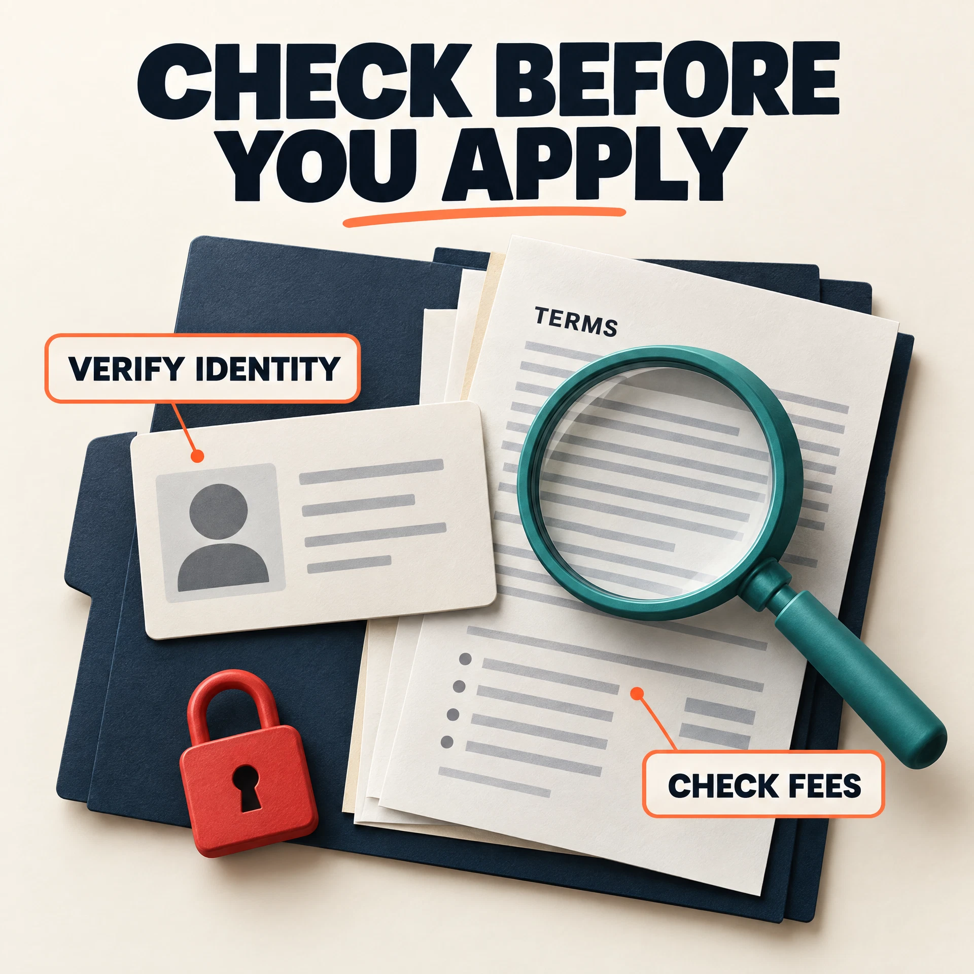 Magnifying glass checks identity, terms and fees before a person applies or shares information.