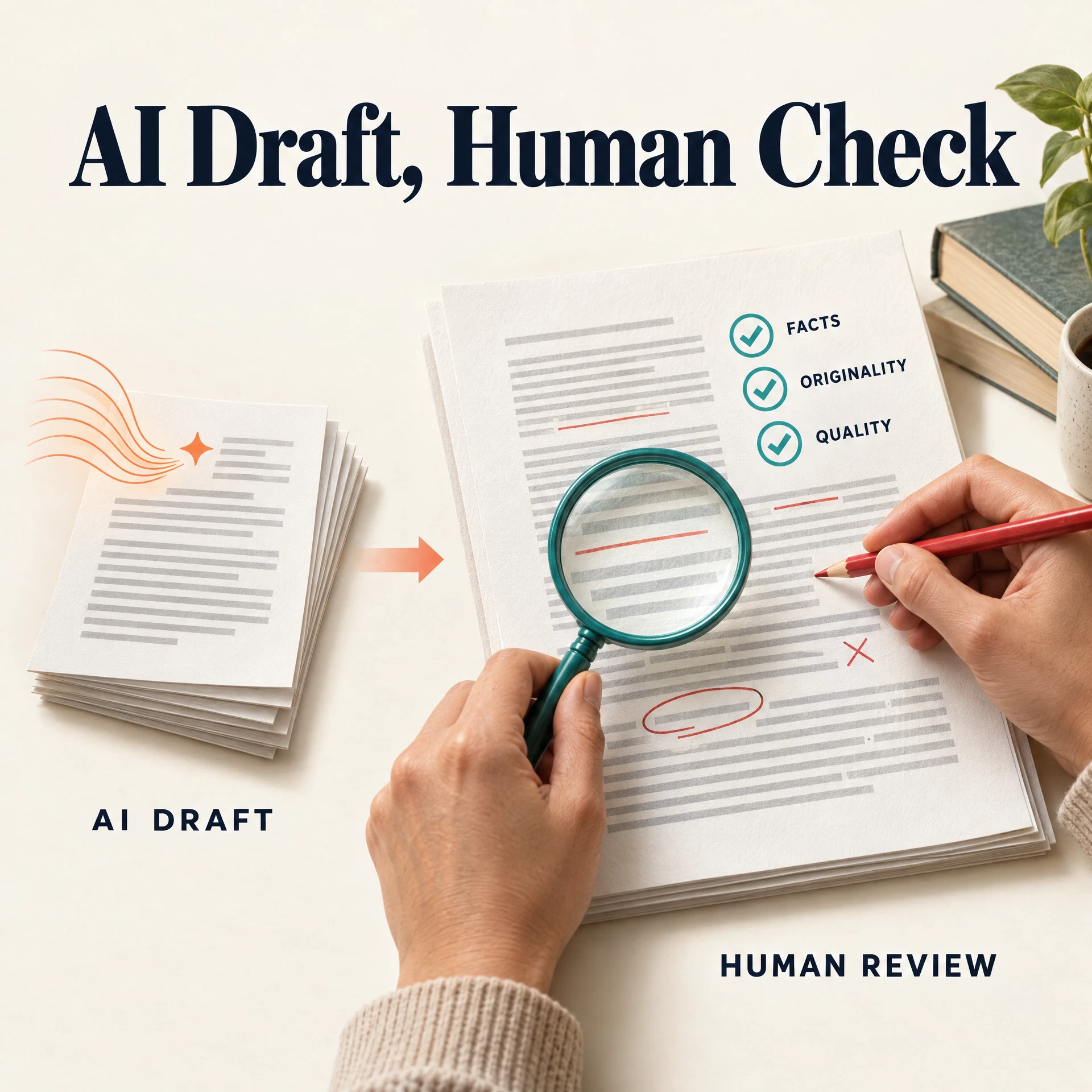 AI draft pages lead to a larger human review with pencil and magnifying glass.