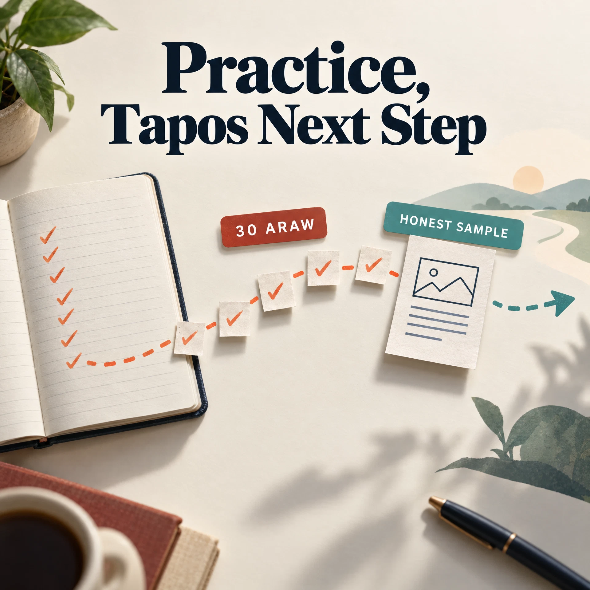 A 30-day practice trail leads from an open notebook to an honest sample and another possible step.