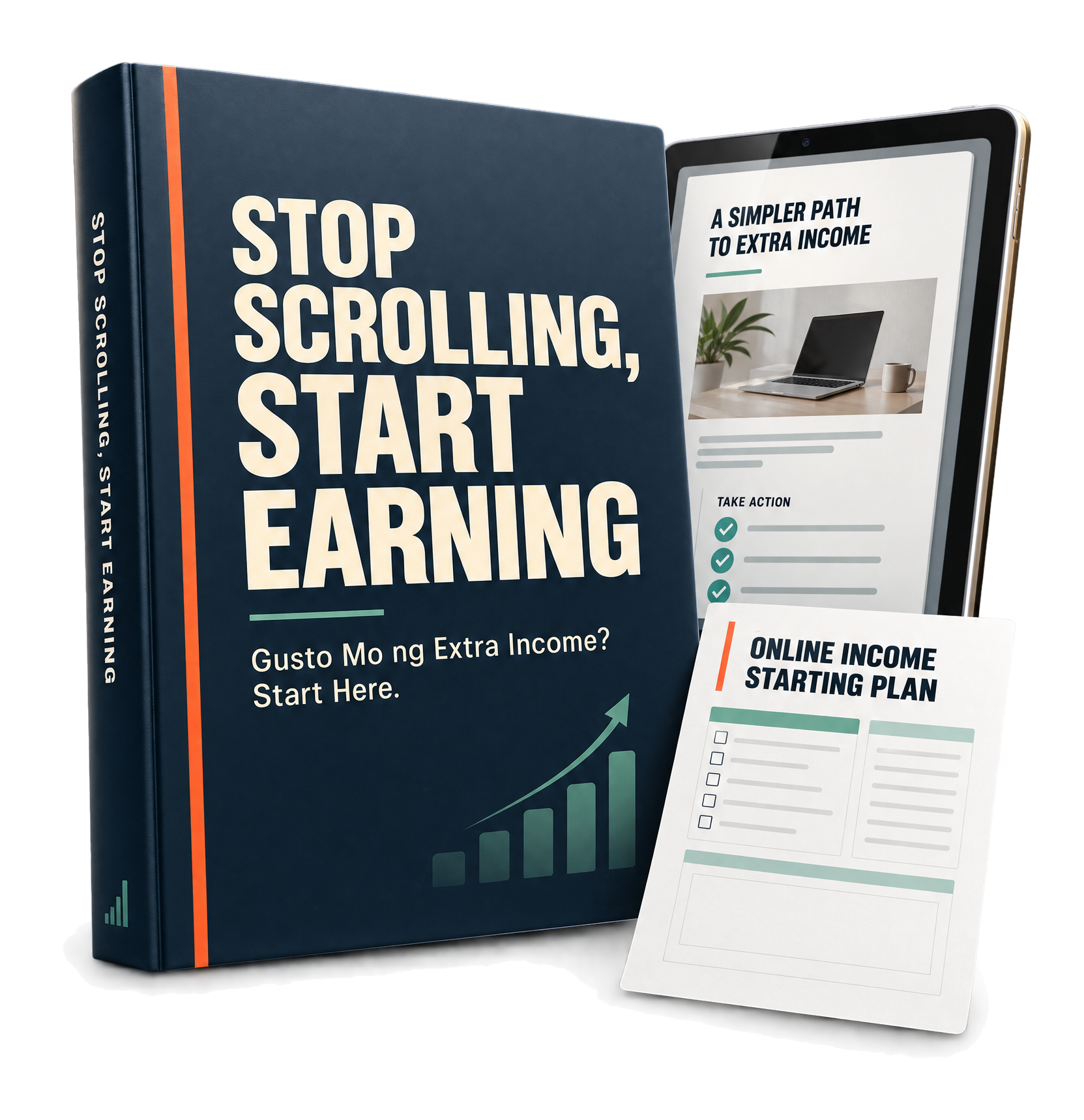 3D mockup of the Stop Scrolling, Start Earning digital ebook, a tablet view, and its Online Income Starting Plan worksheet